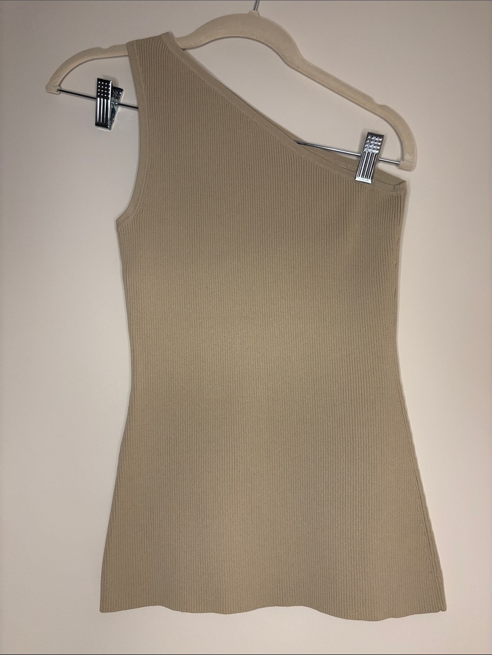 Toteme Asymmetric One-Shoulder Ribbed Dress in Beige